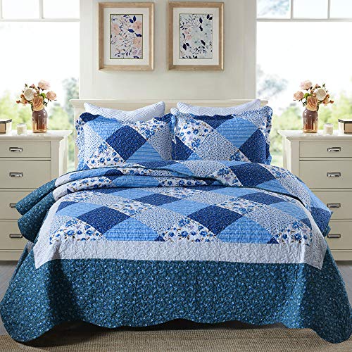 Travan Bedspread Quilt Sets 3-Piece Lightweight Coverlet Set with Shams Reversible Quilted Bedding Set, Blue Floral Patchwork, Queen Size