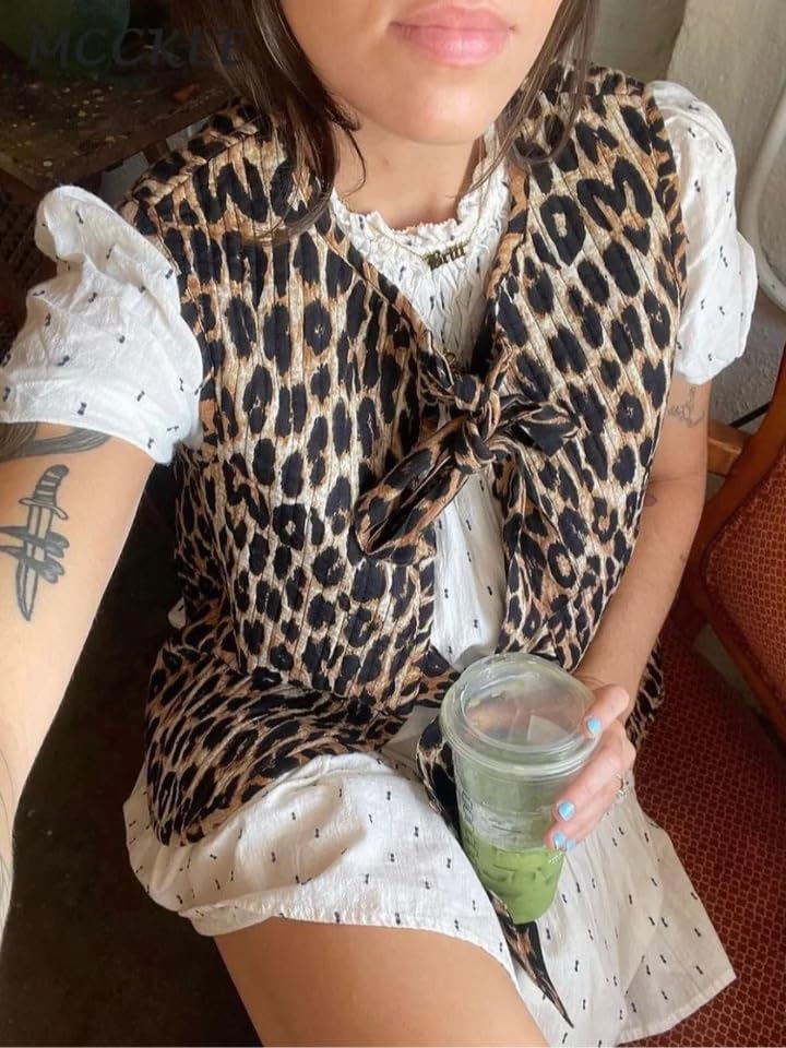 Puffer Quilted Vest Women Fall Leopard Floral Tie Front Y2k Sleeveless Waistcoat Coquette Cottagecore Clothes2