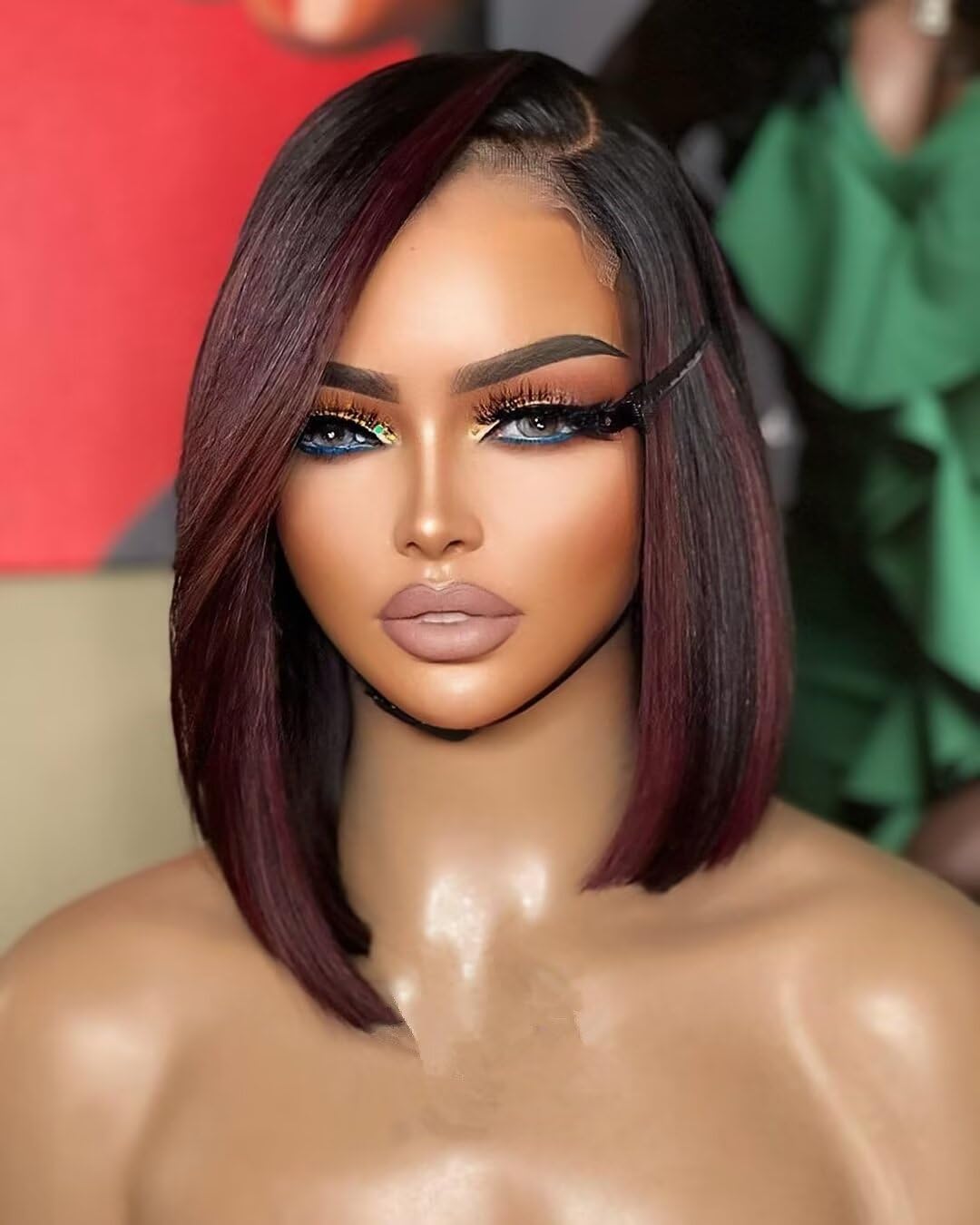Highlight Burgundy Color Short Bob Human Hair Wigs HD Invisible 13X4 Lace Front Wigs Side Part Bob Straight Human Hair Wigs 150% Density Brazilian Hair Ombre Colored Glueless Wigs #99j 10Inch