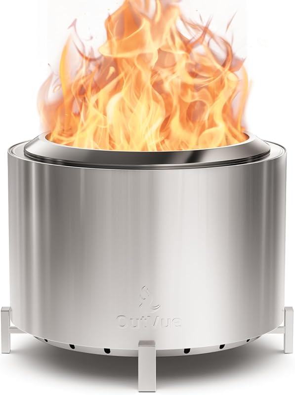 OutVue 27 Inch Stainless Steel Smokeless Fire Pit with Waterproof Cover | Outdoor Smokeless Firepit with Fire Poker, Wood Burning Fire Pits for Bonfire, Camping, Low Smoke Firepit for Outside