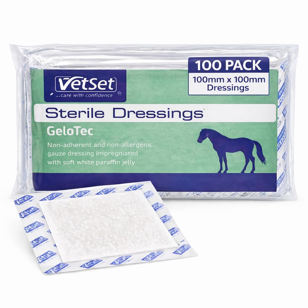 GeloTec - Garza di paraffina per cavalli, cani, gatti e animali, strato di contatto sterile non aderente per ustioni e ferite, 100 mm x 100 mm (confezione da 100)