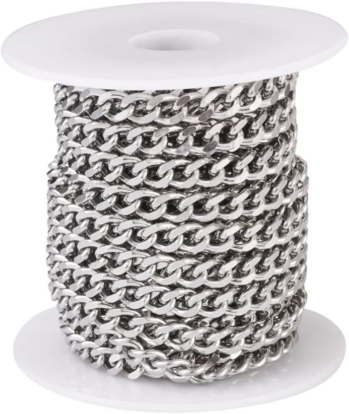 16.4 Feet/5M Stainless Steel Chain Metal Color Unwelded Cuban Link Chain Faceted Curb Cable Chains Necklace Chain Links 7x5mm with Spool for DIY Jewelry Making, Stainless Steel, No Gemstone-image-31