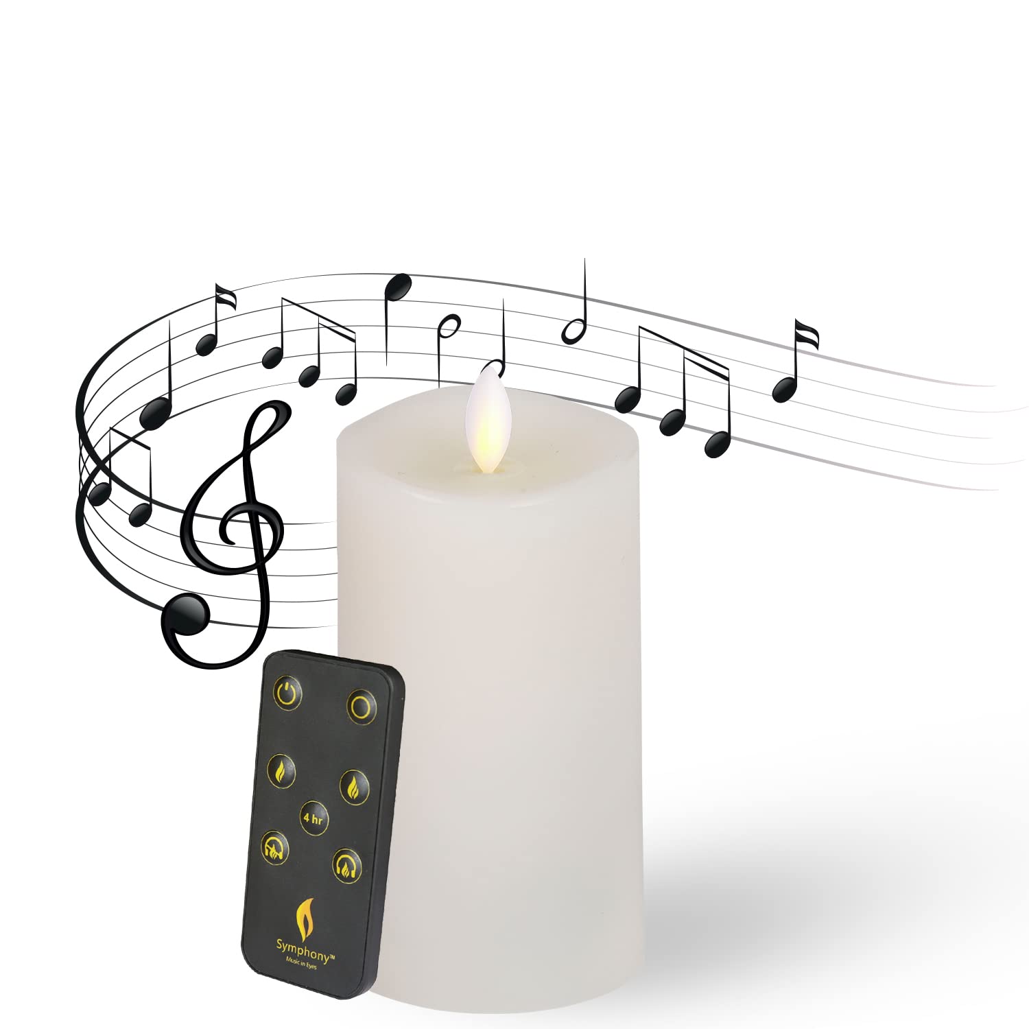 Symphony LED Flameless Candle | Classic White Smooth 6 Inch 100% Paraffin Wax Battery Powered 500 Hour User Time with Remote Control | Music Flickering for Home, Office, Party, Bath