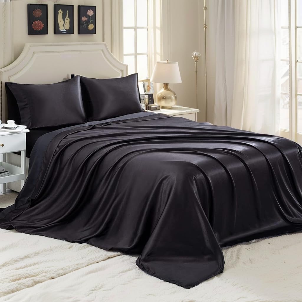 T Tersely 4 Piece Satin Sheets Queen Size Black Satin Bed Sheet Set,Deep Pocket Silky Satin Sheet Set with 1 Fitted Sheet, 1 Flat Sheet and 2 Pillow Cases- Wrinkle, Fade, Stain Resistant (Black)