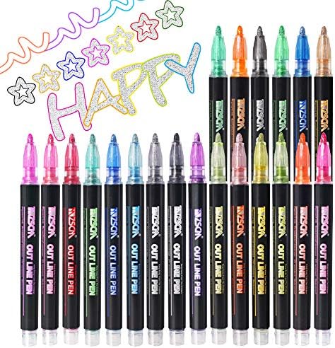 Outline Metallic Markers Set, ZSCM 21 Colors Super Squiggles Double Line Paint Pens Outline Markers, for Drawing Coloring, Greenting Card Writing, Art Crafts Projrcts, Metal, Wood, Ceramic, Glass