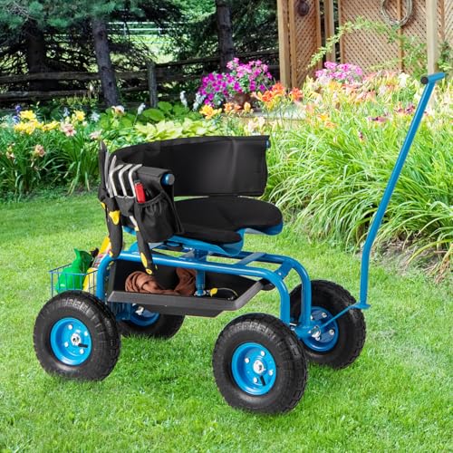Goplus Rolling Garden Seat with Wheels, Outdoor Garden Cart with 360° Swivel Seat & Tool Storage, 2 Steering Handles, Gardening Stool Wagon Scooter, Lawn, Patio Gardening Workseat for Seniors - Image 3
