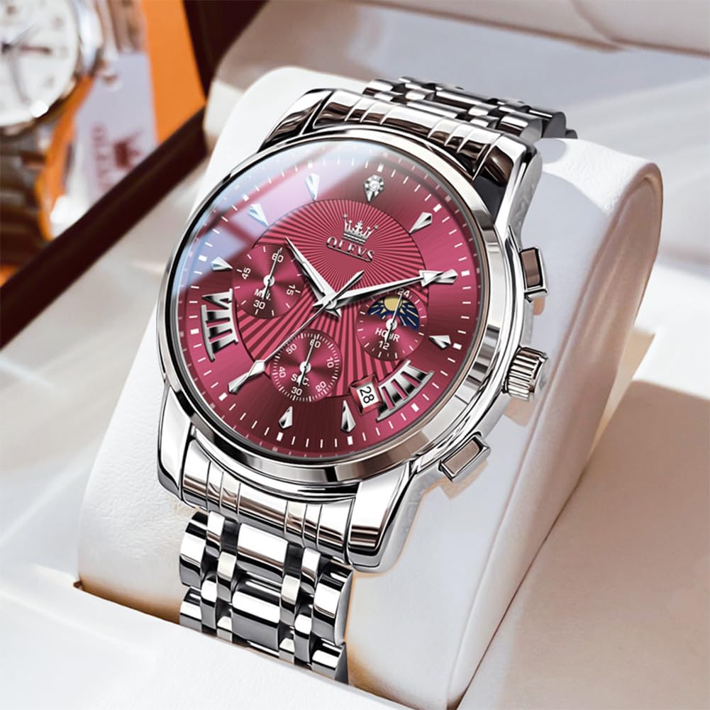 OLEVS Watches Men Stainless Steel Chronograph Watch Luxury Big Face Man Dress Watches Waterproof Roman Numeral Analog Quartz Men Wrist Watch Diamond Relojes para Hombre(Silver/Black/Gold/Red/Blue)