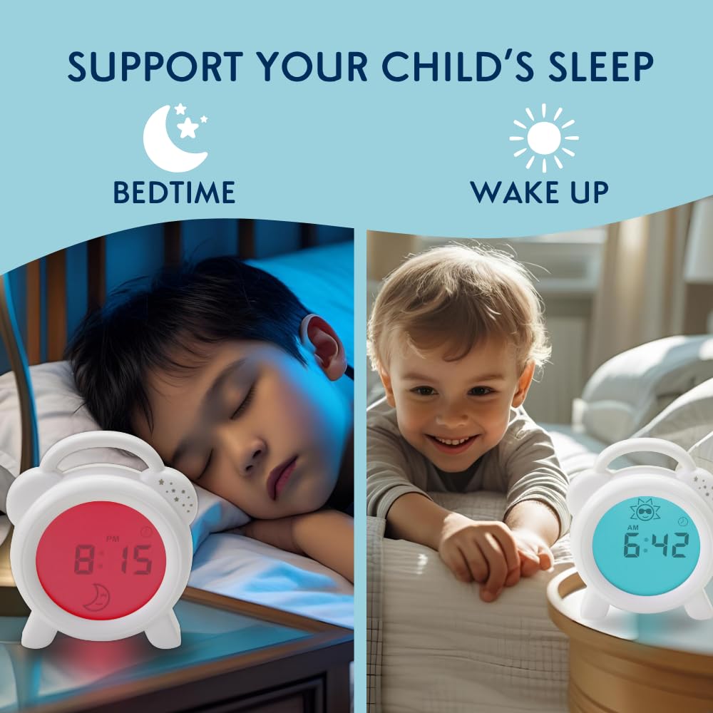 PurFlo Snoozee Horloge d'apprentissage du sommeil pour tout-petits | Veilleuse rechargeable rouge et bleue avec icônes soleil et lune, affichage numérique 12 heures, luminosité réglable pour l'heure
