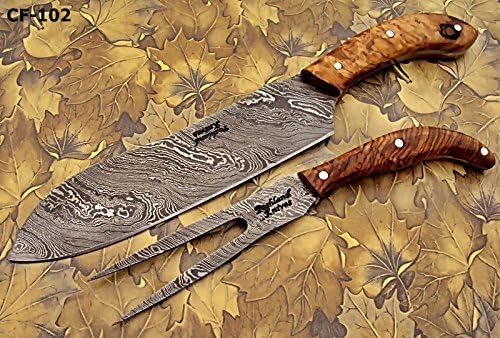 Miniatura 1 de CF-11 Juego de cuchillos y tenedores de acero de Damasco hechos a mano personalizados (giro) - Madera de fresa de oliva, Marrón