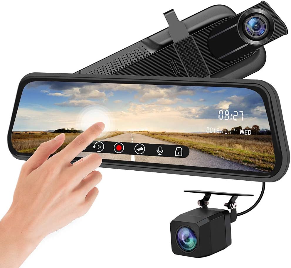 Backup Camera 10 inch Mirror Dash Cam Dual Lens Front Rear Dash Camera 1080P Full Touch Screen Video Streaming Mirror Loop Recording, Parking Monitor, Night Vision, Waterproof Rear Camera