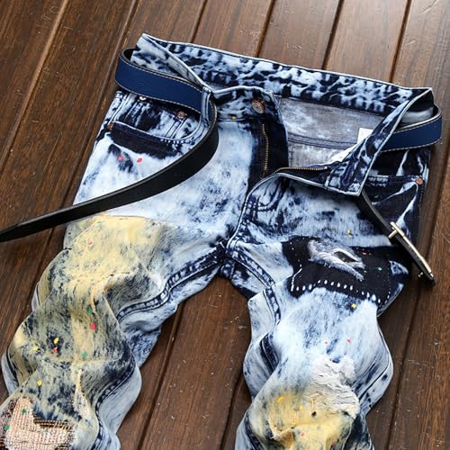 Men's Distressed Classic Patches Jeans Destroyed Straight Leg Male Jean Zipper Deco Washed Denim Pants3