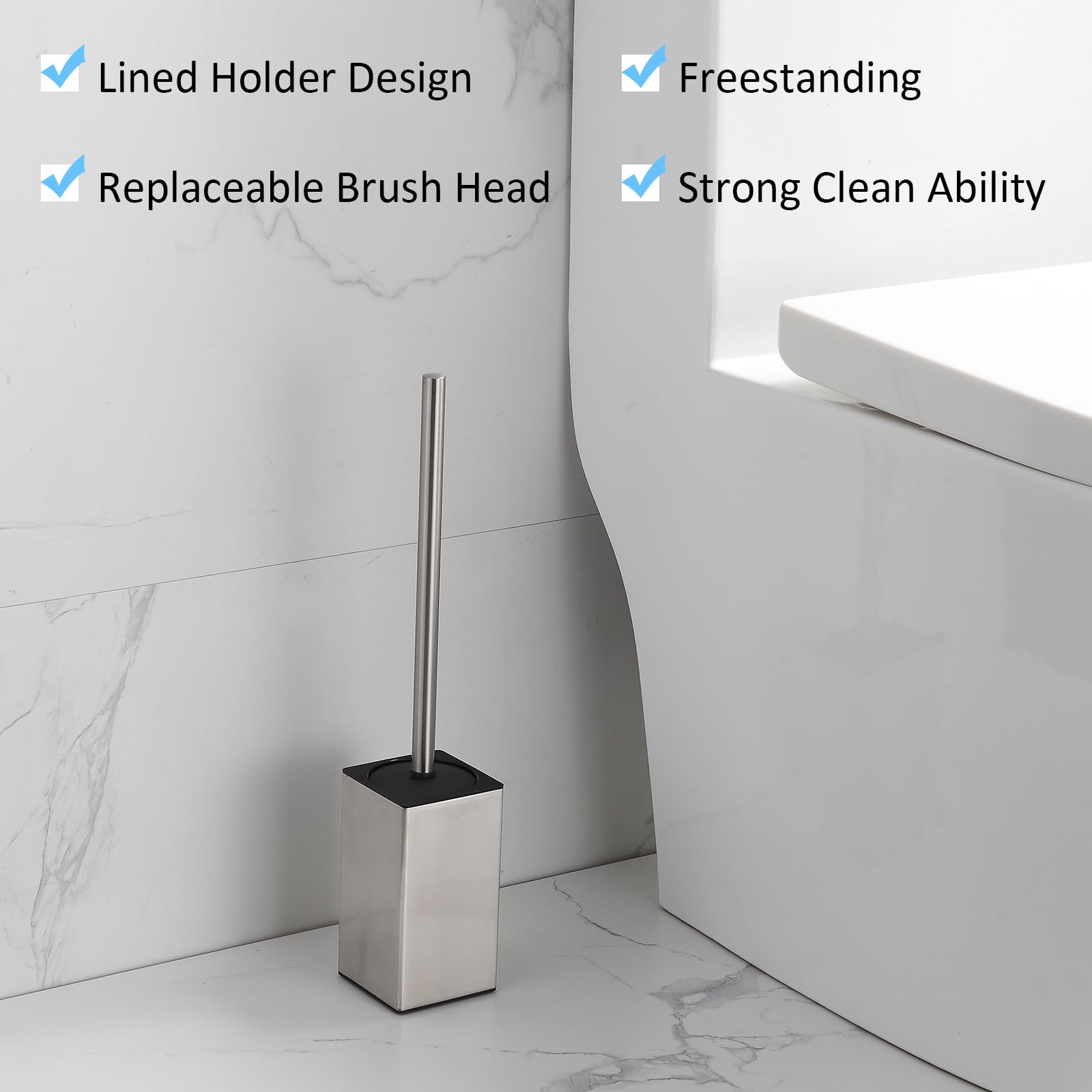 Brosse WC Avec Support En Acier Inoxydable - 2 Têtes Amovibles, Couvercle Carré, Design Hygiénique