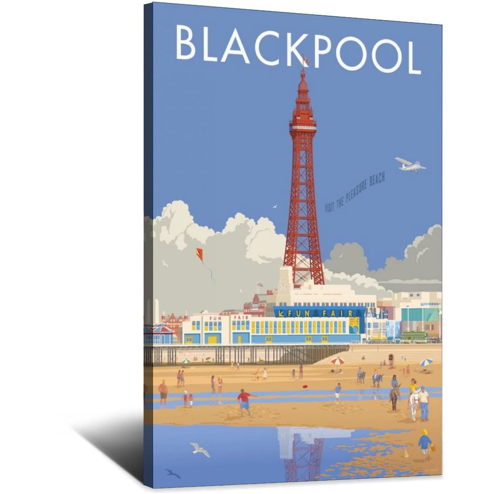 Vtgclt Frame-Style England Blackpool Vintage Travel Posters Tower Beach Pier Canvas Painting Pictures Prints Wall Art For Bedroom Office Decor 08X12inch(20X30cm)