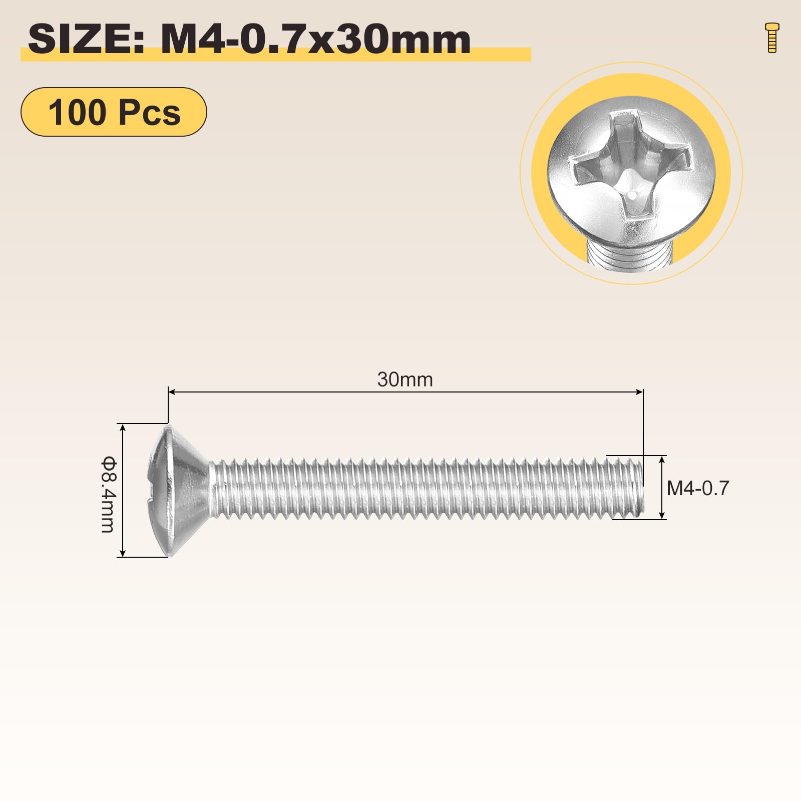 METALLIXITY Phillips Cross Recessed Countersunk Head Screws Bolts (M4-0.7x30) 100Pcs - Image 2