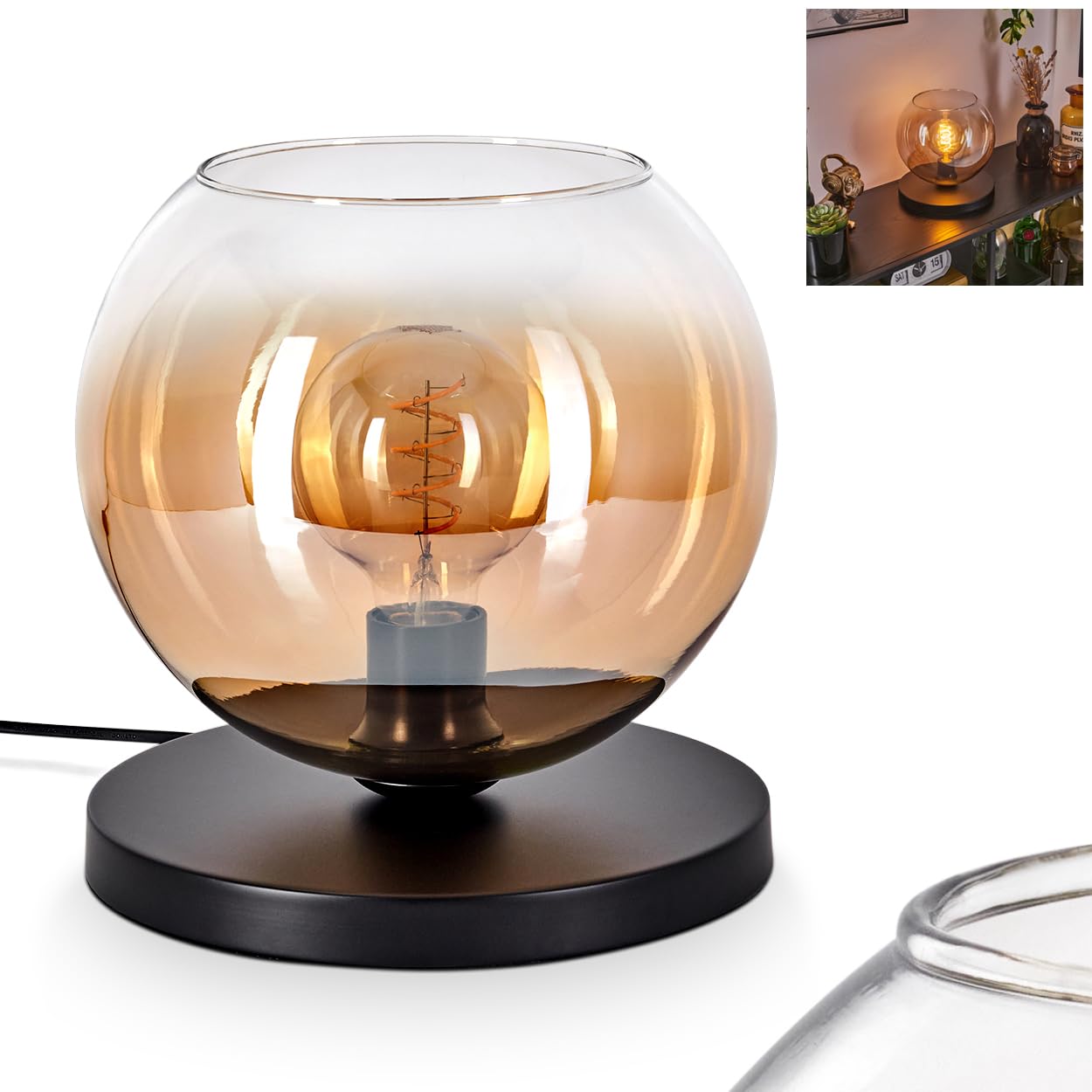 HOFSTEIN Lampada da tavolo Koyoto, lampada da tavolo in metallo/vetro di colore nero/trasparente, con paralume in vetro (diametro 25 cm) e interruttore on/off sul cavo, 1 lampadina E27, senza