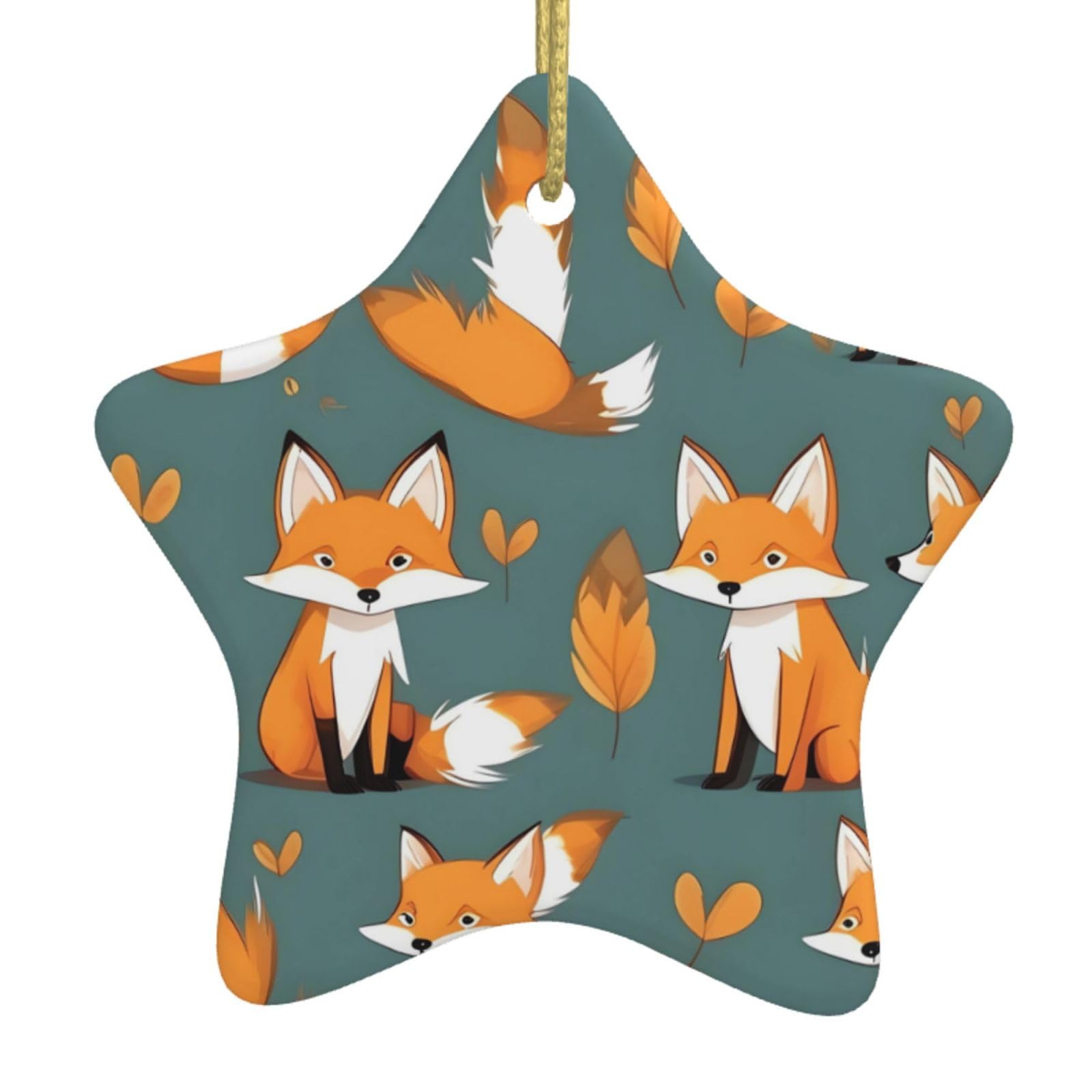 Yellow Fox Christmas Ceramic Star Pendant with Punched Holes and Gold Wire Rope, Christmas Tree Home Decoration