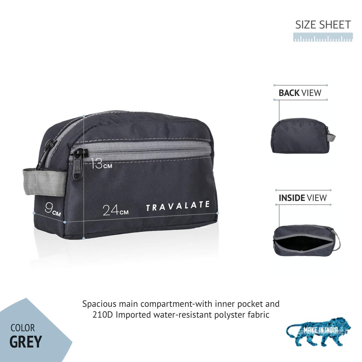 TRAVALATE Polyester Single Compartment Multipurpose Toiletry Bag - Grey 1