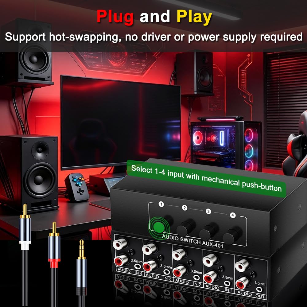 Interruptor de Audio estéreo bidireccional Auxiliar de 3,5 mm + RCA L/R, 4 en 1, Salida A/B, selector de conmutador de Audio analógico