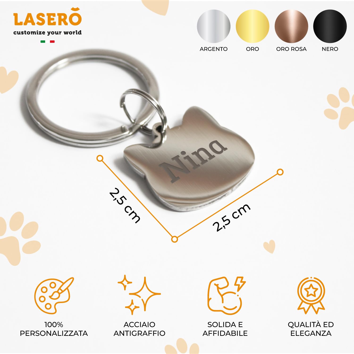 LASERO’ Medaglietta Gatto Personalizzata in Acciaio Lucido 2,5x2,5cm – Targhetta Gatto con Incisione Laser di Nome e Dati – 4 Colori (Rosa/Argento/Nero/Oro) – Targhetta Identificativa per Collare