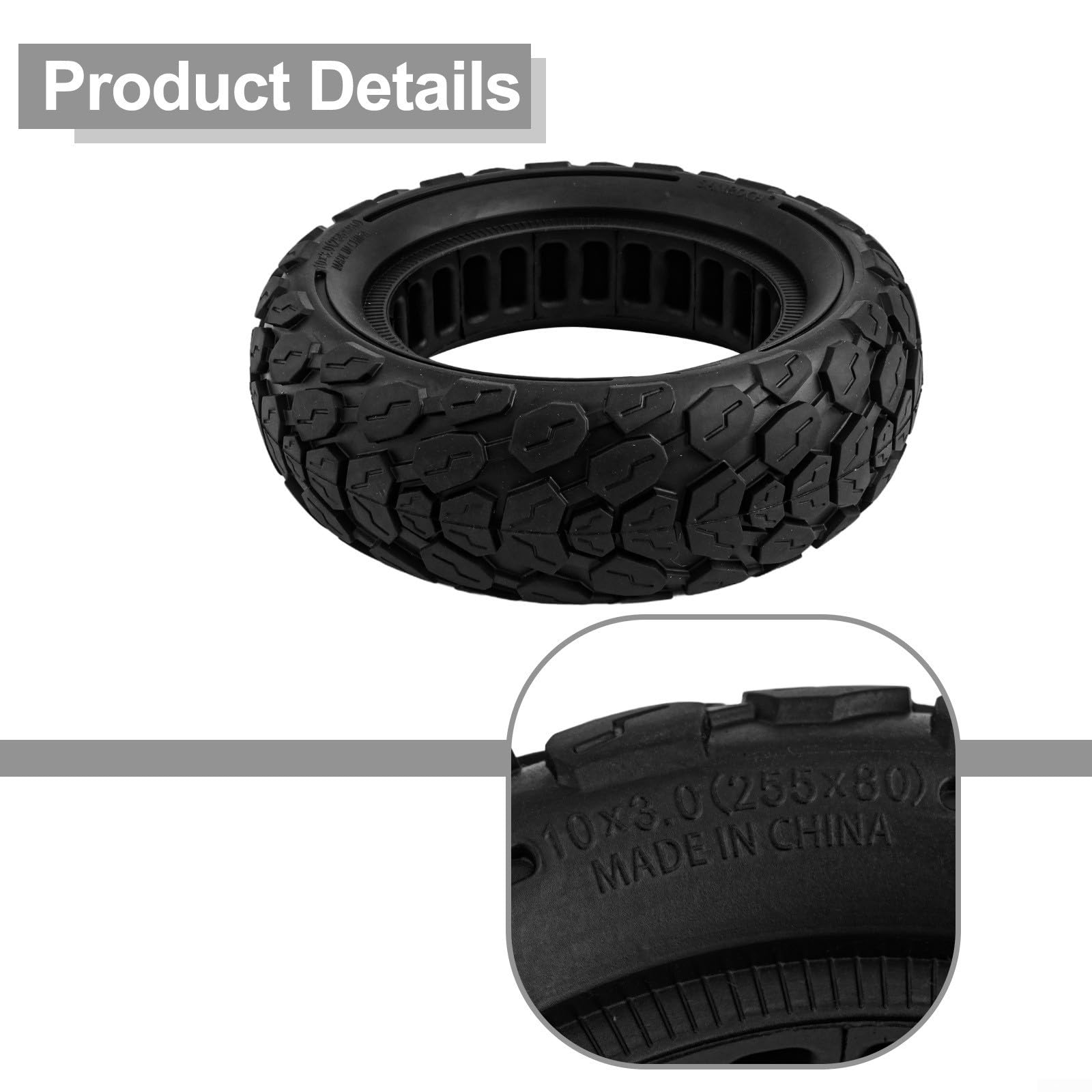 Neumático de Caucho Macizo de 10 Pulgadas, 255 x 80, Rueda de Repuesto antipinchazos Compatible con Patinete eléctrico. Diseño de Agarre Antideslizante y Resistente al Desgaste, 80/65-6.