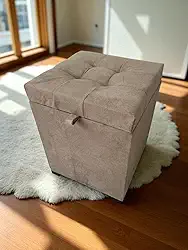 Puff Baú Siena, 36x36x47 cm, Suede Bege, Assento Estofado com Armazenamento