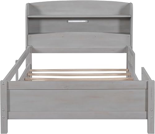 Miniatura 6 de Cama clásica de plataforma de tamaño individual con luz LED integrada, base de cama de plataforma de madera maciza con cabecera de almacenamiento