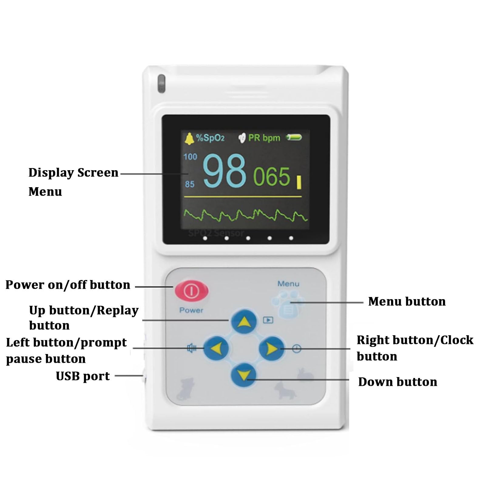 Oxímetro de pulso veterinario, equipo de pulsioxímetro digital portátil para animales, sonda lingual para perros y gatos, fácil de usar y monitor preciso.