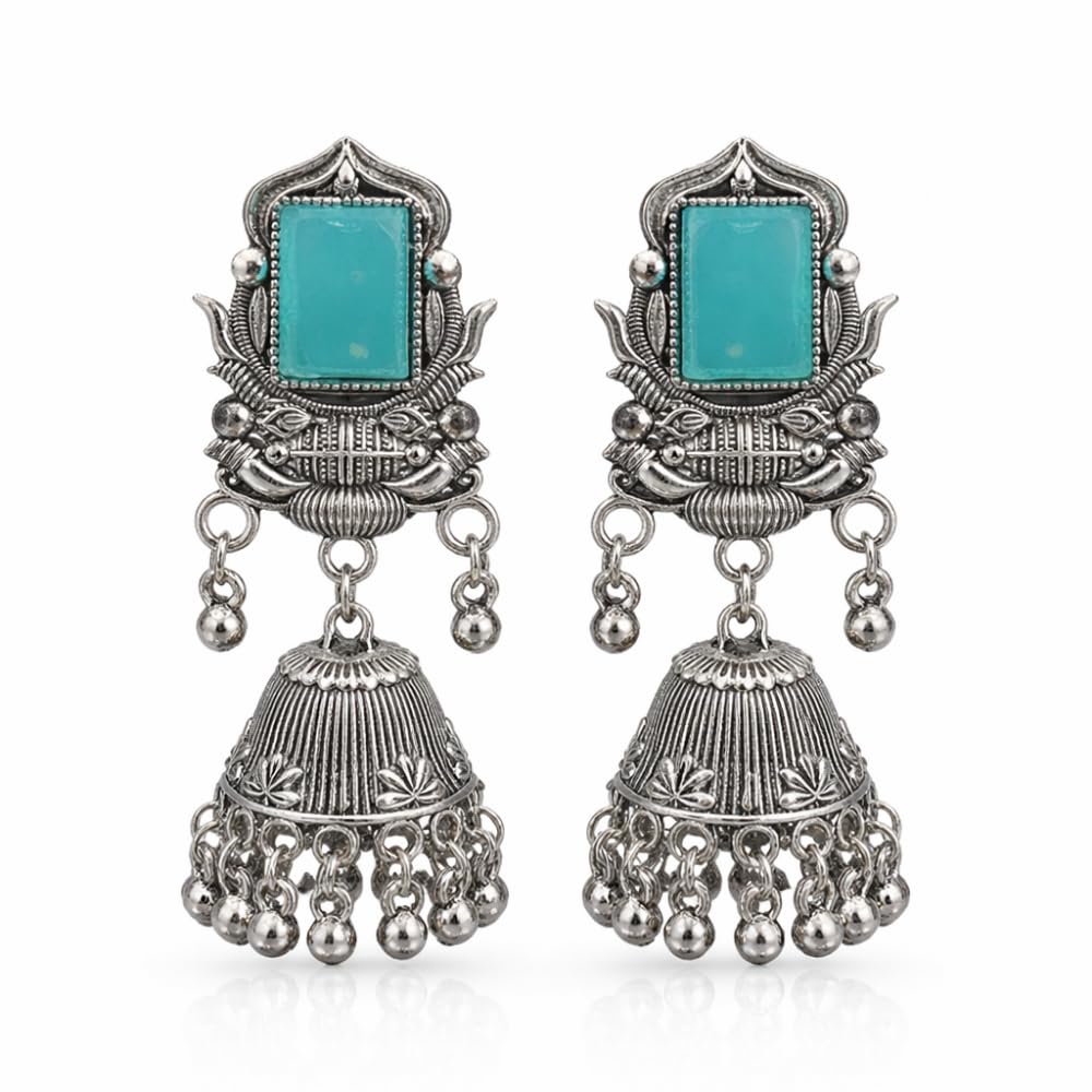 i jewels Traditional Oxidized Jhumka Earrings with Stone Accent for Women-picture-32