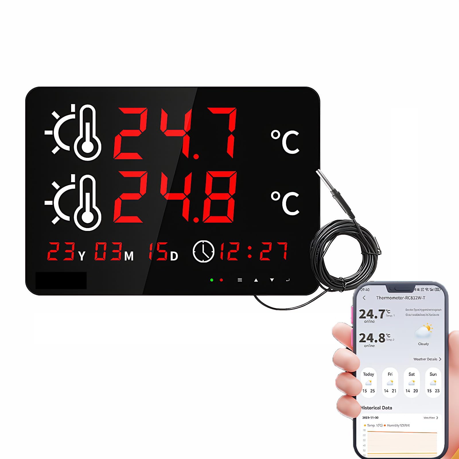 Mengshen WiFi Termómetro Digital con Sonda Impermeable para Acuarios Piscinas y Peceras Con Pantalla Dual de Temperatura y fecha y Monitor Remoto Tuya APP