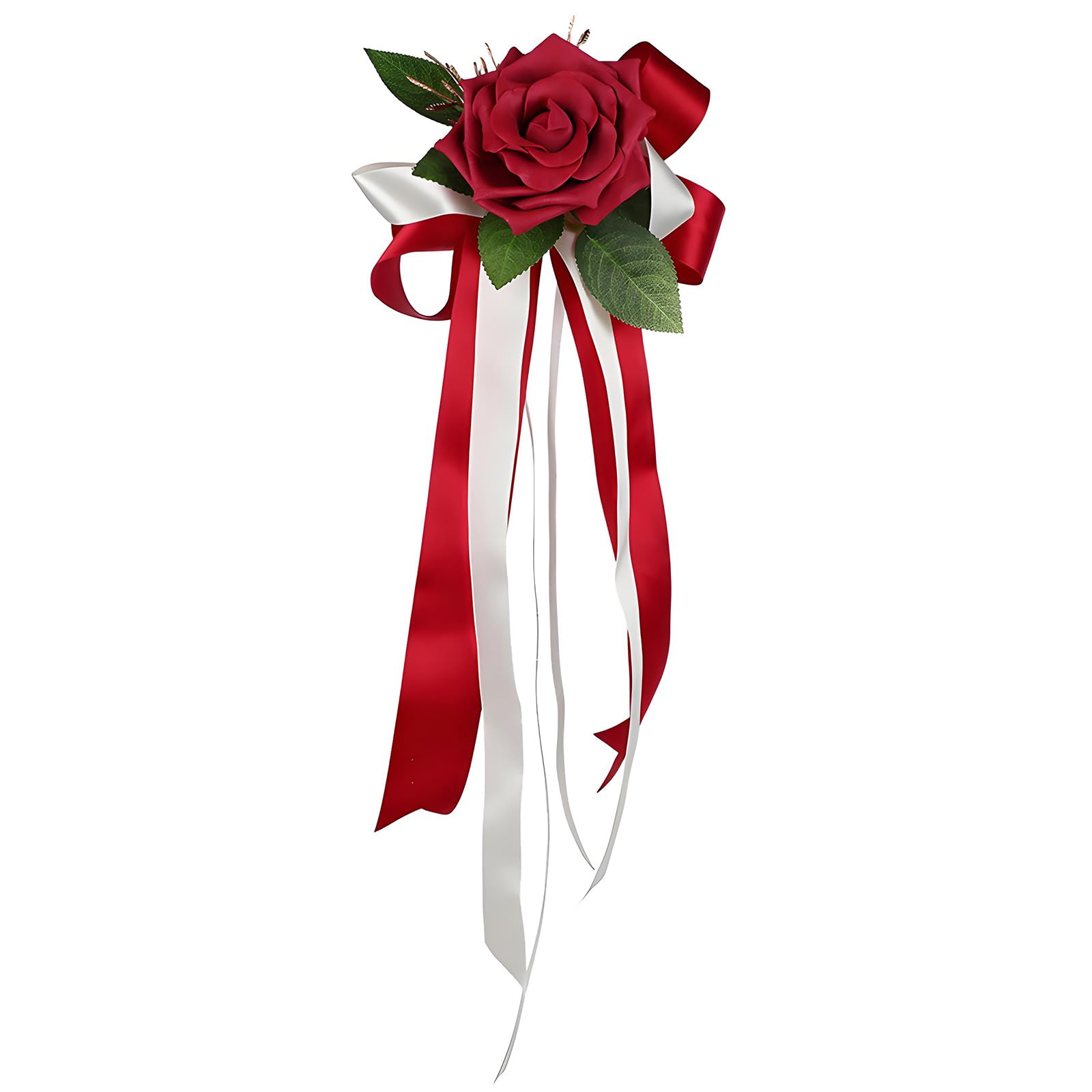 Shntig Red Car Rose Decoration With Faux Greenery And Ribbon Tails For Wedding, Engagement And Celebration Displays Bridal Car Flower Decor Faux Rose Ceremony Styling Engagement Backdrop Photo Scene