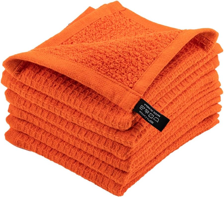 Dish Towels|Kitchen Dish Cloths Two-Sided Waffle Terry|12x12 Inches 100% Cotton Dish Rags Washing Dishes|Super Absorbent Reusable Quick Drying Dish Towels|Spring Easter Basket Decor| 6-Pc Set-Orange
