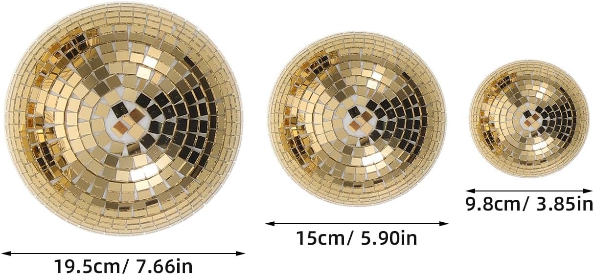 3pcs Mirrored Disco Balls - Glass Reflective Mirror Ball Hemisphere 7.68/5.91/3.86 inch for 70s 80s Birthday Festival Disco DJ Light Effect Party Stage Props Golden