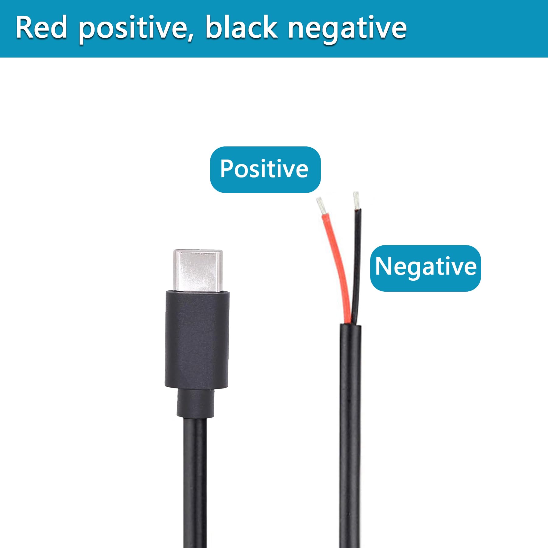 USB-Typ-C-Pigtail-Kabel-Verlängerungskabel, 22 AWG, 24 V, 12 V, 9 V, 5 V, 3 A, USB-C-Stecker auf 2-poligen blanken Draht, offenes Ende, Stecker für Heimwerker, 1 m, 6 Stück (Typ C-Stecker)