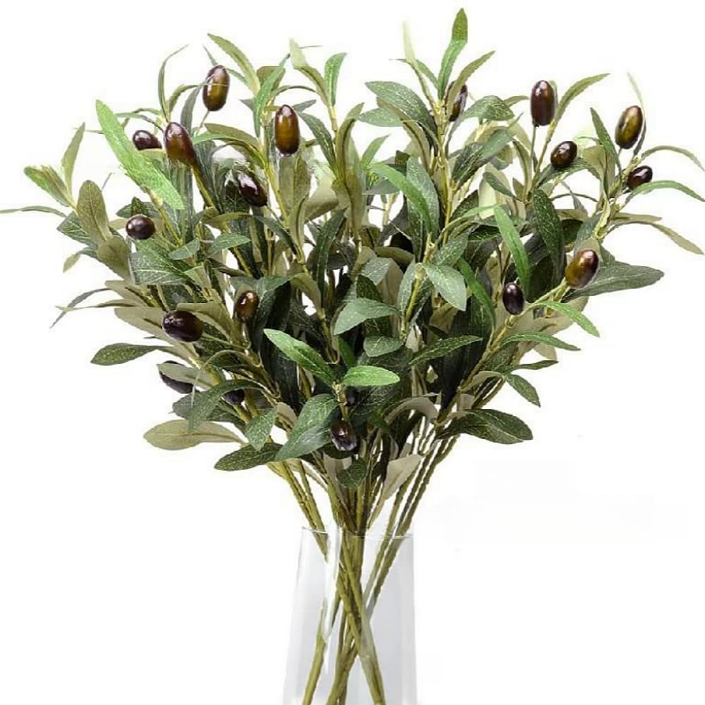 Xshelley6pcs 45cm Artificial Plants Greenery Olive Branches Stems Fake Plants Green Leaves Fruits Silk Plants Branch Leaves for Home Office ndoor Outside DIY-Wreath Decor