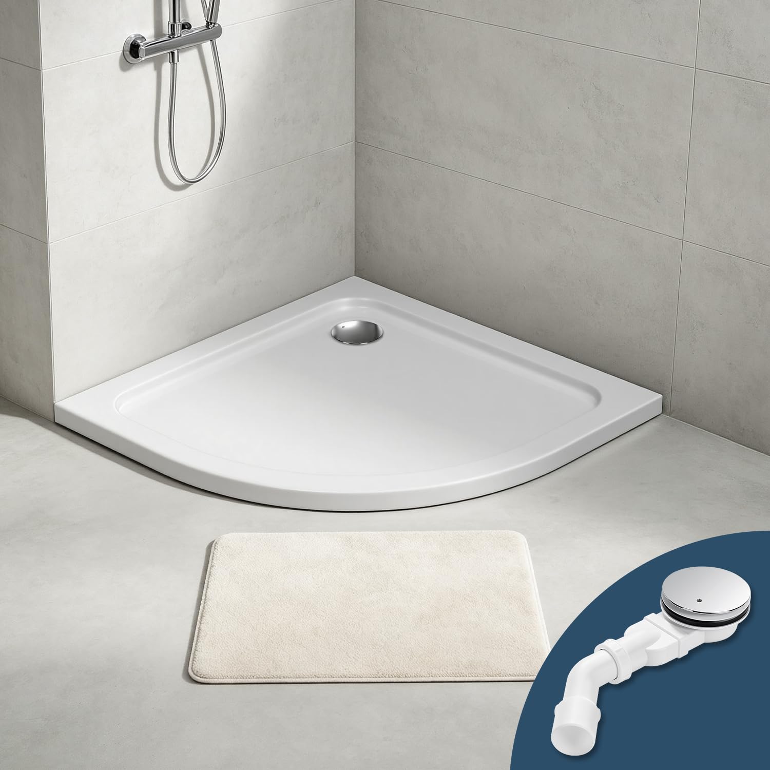 Piatto doccia 90 x 90 cm, quarto di cerchio con sifone, acrilico | 4 cm piatto, set completo con scarico, diametro 90 mm, per ristrutturazione del bagno, costruzione nuova e piccoli bagni