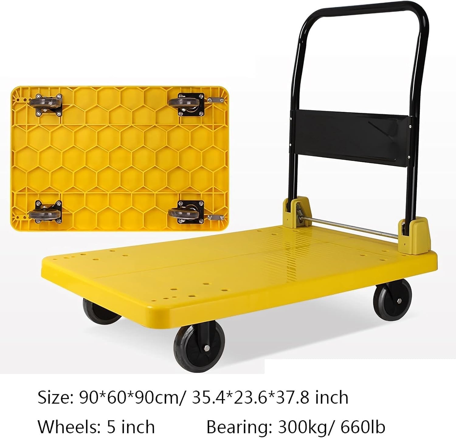 Plattformwagen, Schubkarre, zusammenklappbarer Plattformwagen, Kunststoffdeck und Metallgriff, Handwagen mit Rädern, zusammenklappbarer Schubwagen zum Bewegen von Gepäck