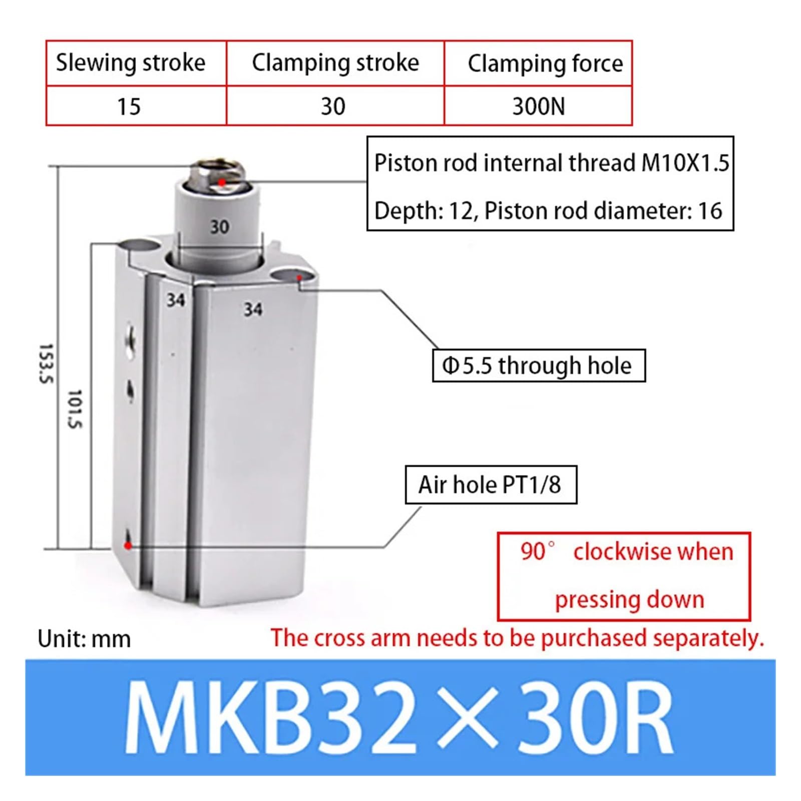 Cylinder Obrotowy MKB32X10/20/30mm Mały Pneumatyczny Obrót O 90 Stopni Mocowanie Kątowy Docisku W Dół Precyzyjna Płynna Praca(MKB32X30R)