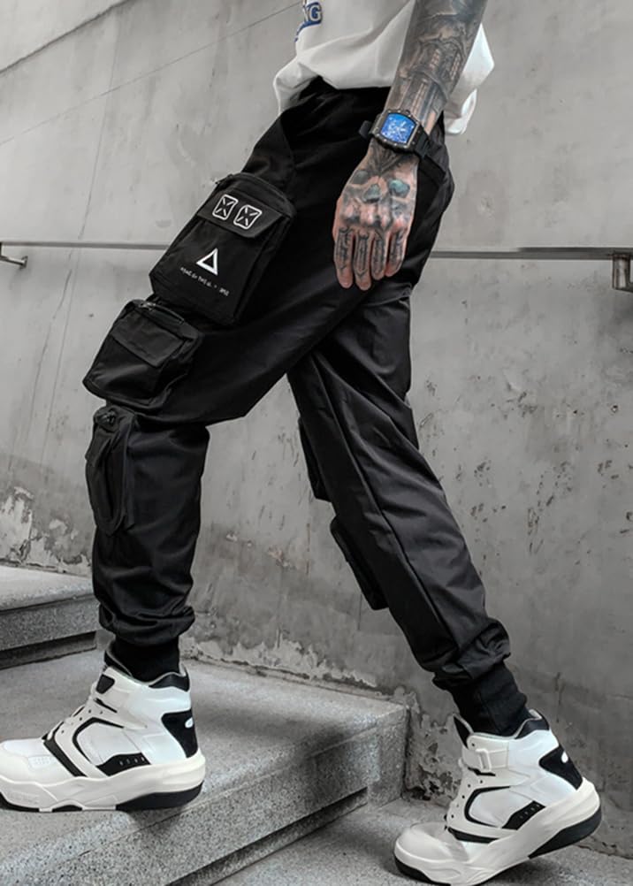 ORANDESIGNE Pantaloni Cargo da Uomo Multitasche Jogger Streetwear con Coulisse Hip Hop Pantaloni da Jogging Casual Teachwear Pantaloni Tattico Nero Urbano Outdoor