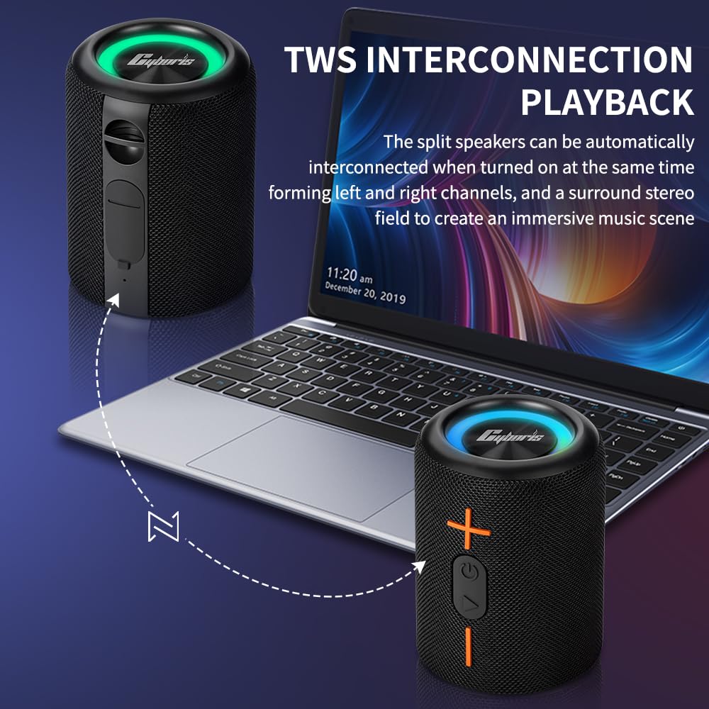 CYBORIS 2 Tragbarer Bluetooth Lautsprecher, Wasserdicht, Split Wireless, 20W Stereo-Sound, 24h Spielzeit, True Wireless Pairing