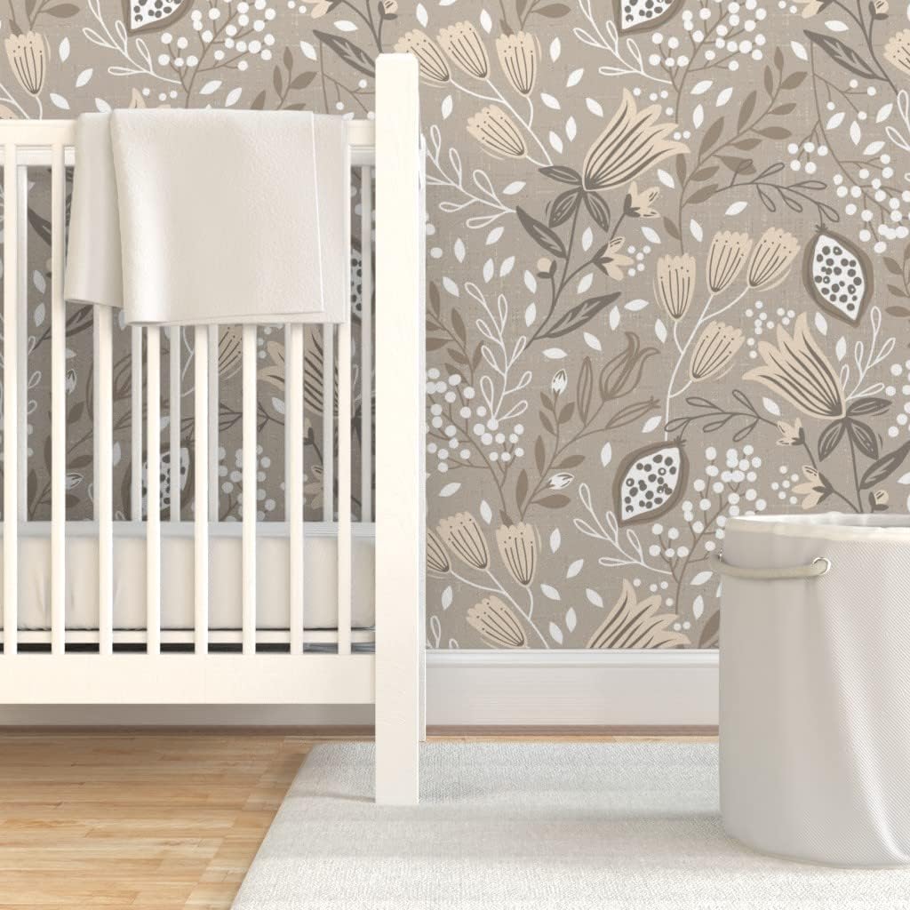 Spoonflower Peel & Stick Wallpaper 3ft x 2ft - Neutral Botanical Meadow Floral Nature Seeds Leaf Custom Removable Wallpaper