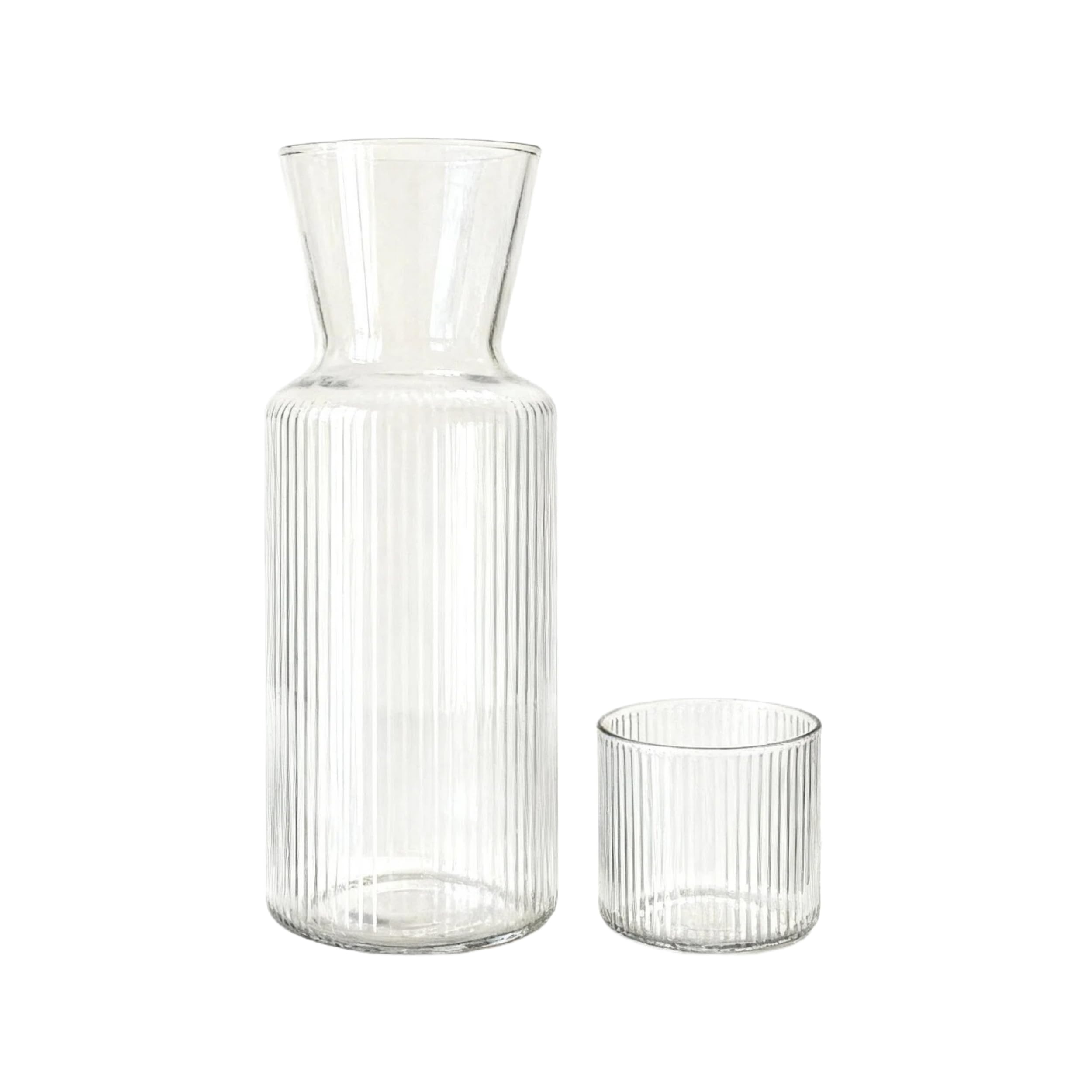 Bedside Carafe and Glass Set, Use Tumbler as Lid Night Table Water Carafe, Classic Vertical-Striped 33.8oz Glass Pitcher with 11.8oz Tumbler Lid for Nightstand, Mouthwash (Clear-Update)