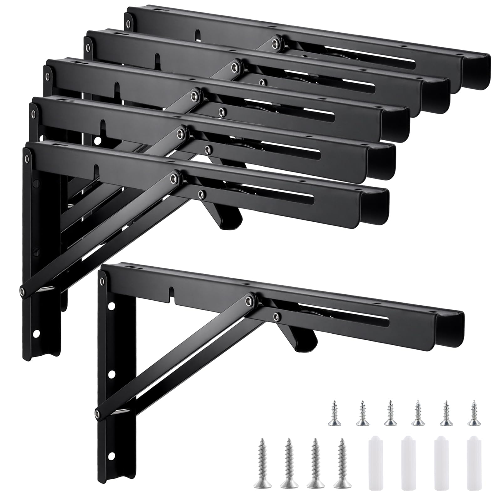 6 PCS 16 Inch Folding Shelf Brackets, Black Heavy Duty Collapsible Shelf Bracket with Mounting Hardware, Folding Table Hinge Shelf Hinge for Table Bench