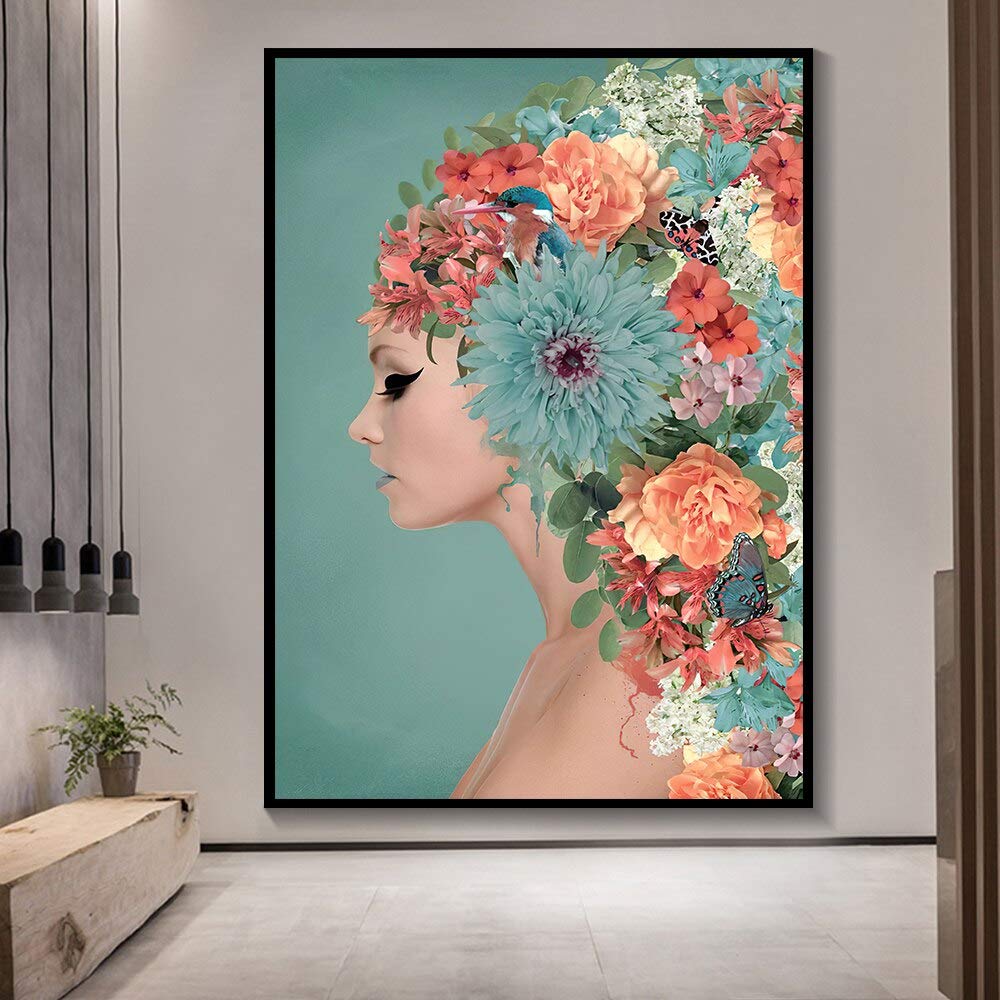Tpqoaa Premium Leinwanddruck Kunstdruck Auf Leinwand Bunter Blumen- Frauenkopf 60x90cm abstrakt Leinwanddruck Kunstdruck Wandbild Küche, Haushalt & Wohnen