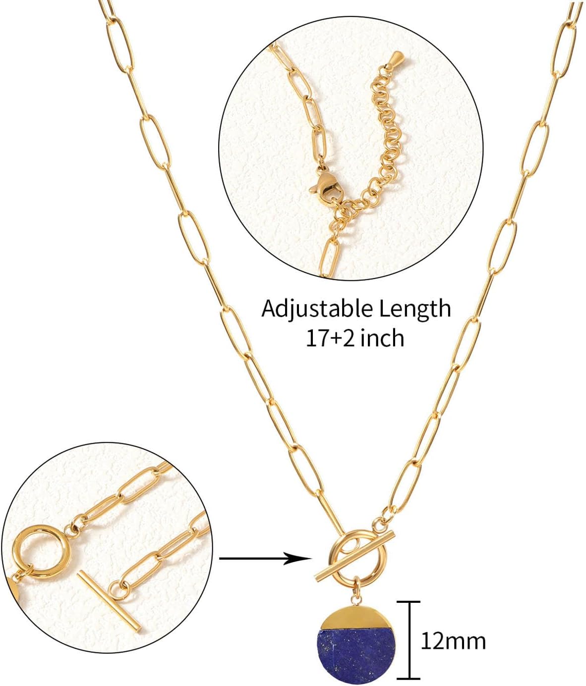 Natural Stone Paperclip Toggle Necklace Dainty Size Heart/Round Teardrop Gemstone Paper Clip Chain Necklace Birthstone Jewelry Gift for Women - Image 6