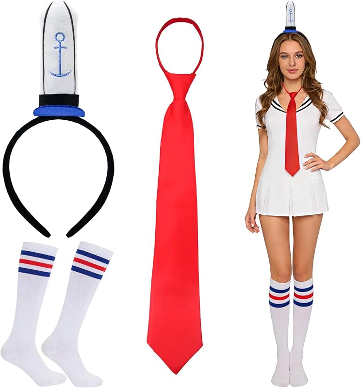 3Pcs Halloween Sailor Costume Set Include Sailor Headband, Socks and Tie, Hamburger Restaurant Employee Role Play, Cartoon Theme Party Dress Up for Women and Men