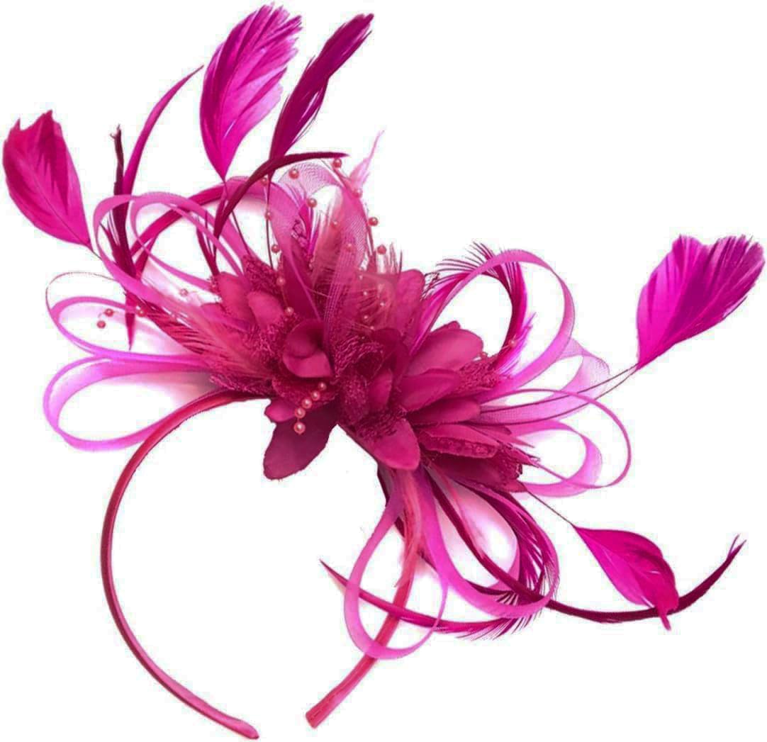Feather Hair Fascinator Headband Wedding and Royal Ascot Races Ladies, Fuchsia Hot Pink, M