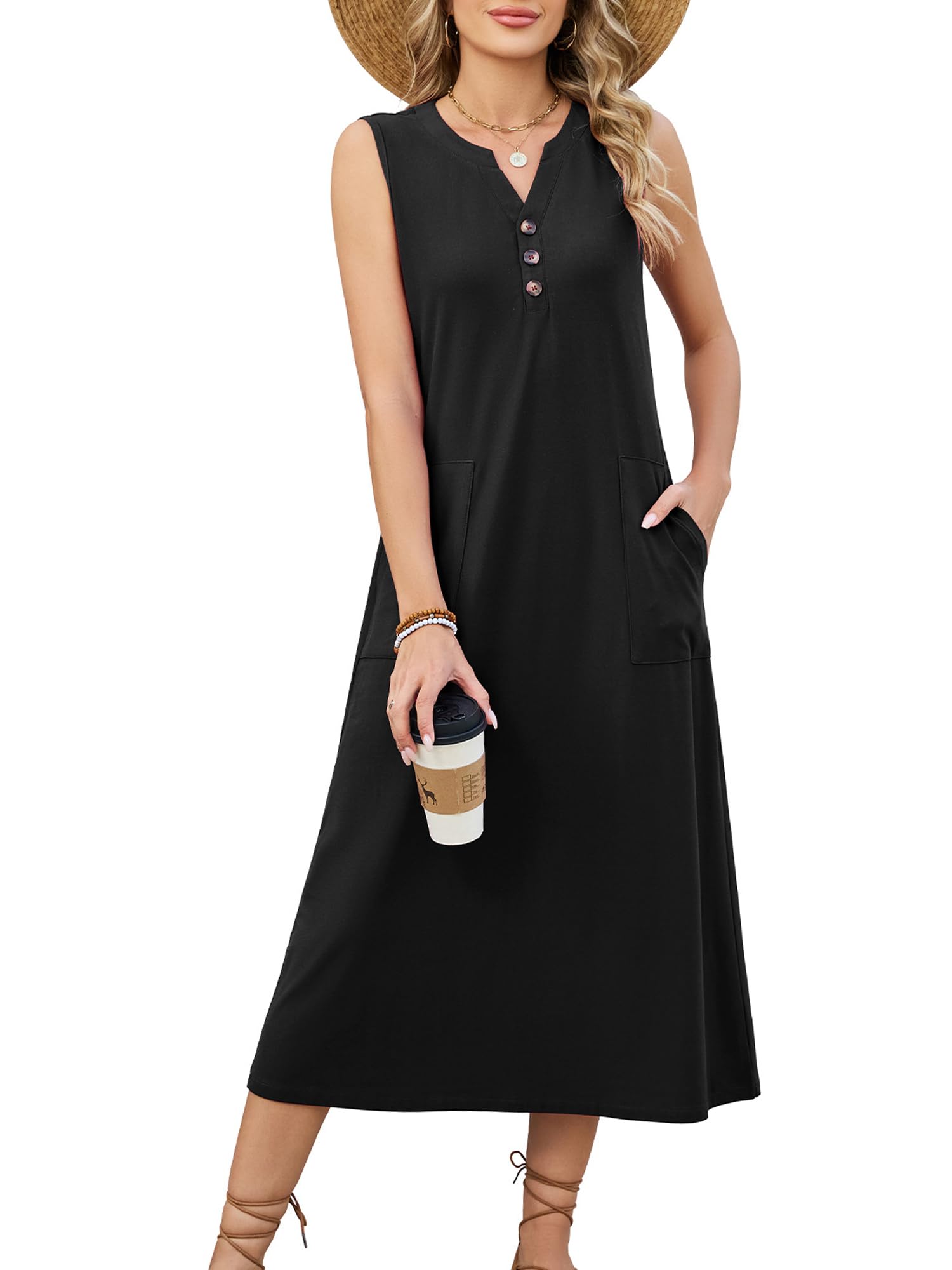 StylSense Sommerkleid Damen Lang Ärmellos Midikleid V Ausschnitt Elegant Blumenkleid Casual Strandkleid mit Taschen