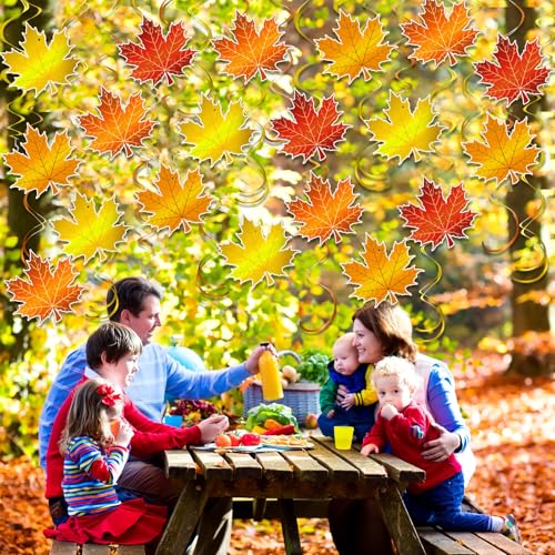 Image of 72 Pcs Fall Thanksgiving Hanging Decoration Maple Leaves Swirl Autumn Party Decoration Autumn Ceiling Decor Foil Orange Leaves Streamers for Home Office Classroom Harvest Party Supplies