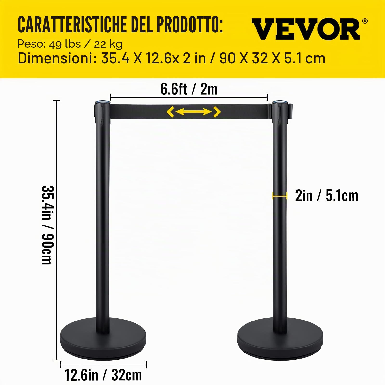VEVOR Barriere Retrattili per Il Controllo della Folla e La Coda, 4 Pz Colonnine Segnapercorso con Nastro Nero per Dividere I Corvi in Banche, Aeroporti, Stadi, Luoghi di Divertimento e Altri Luoghi
