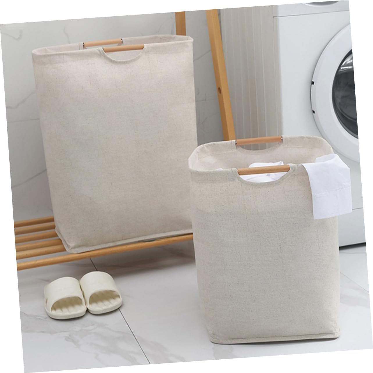 Faltbarer Wäschekorb 2 Stück aus Baumwolle Leinen und Holz, Beige